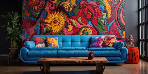 Samba of Style: A Sofa in a Living Room Decorated with Brazilian Folklore Design, Infusing the Space with the Vibrant Spirit of Brazil's Rich Cultural Heritage