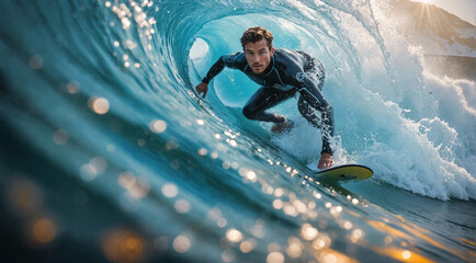 Surfer in Wetsuit Riding a Glistening Barrel Wave