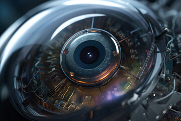 Technology, sci-fi concept. Close-up view of futuristic bionic artificial eye. Tiny detailed system nano technology pattern. Dark minimalist background