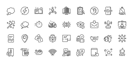 Locks, Selfie stick and Renewable power line icons pack. AI, Question and Answer, Map pin icons. Speech bubble, Talk bubble, Manual web icon. Speedometer, Payment card, Mute pictogram. Vector