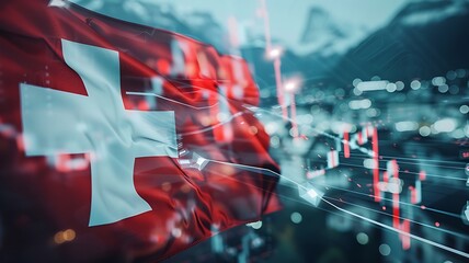 Switzerland flag and country's economy financial graphs. Swiss country, Switzerland global economic influence. Double exposure. Inflation, deflation, profit & loss, Business, banking, Investment. AI