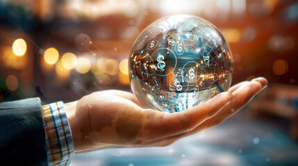 Financial Vision: Businessman Holding Crystal Ball with Floating Symbols - obrazy, fototapety, plakaty