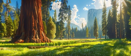 Giant sequoia trees in a meadow at Mariposa Grove Yosemite National Park, California, USA - Generative AI - obrazy, fototapety, plakaty