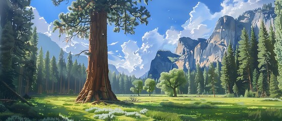 Giant sequoia trees in a meadow at Mariposa Grove Yosemite National Park, California, USA - Generative AI