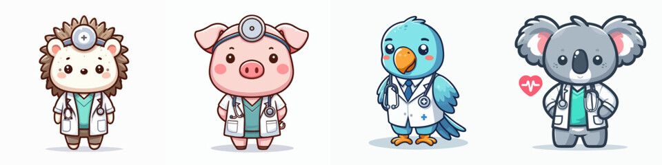 Set Animal doctors pediatric pediatrician cute characters hospital concept