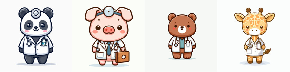 Set Animal doctors pediatric pediatrician cute characters hospital concept