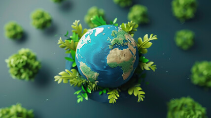 Obraz na płótnie Canvas Globe 3D style surrounded by greenery leaves and flowers ecology and nature conservation