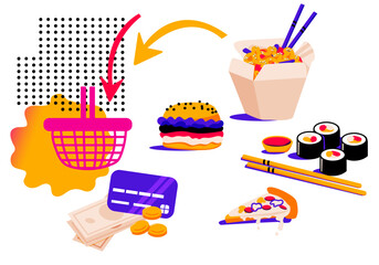 Ordering fast food, paying for purchase with credit card on the website. Сhoice products online. Doodles. Sushi rolls with chopsticks and soy sauce. Noodles wok, burger and pizza. Abstract elements.