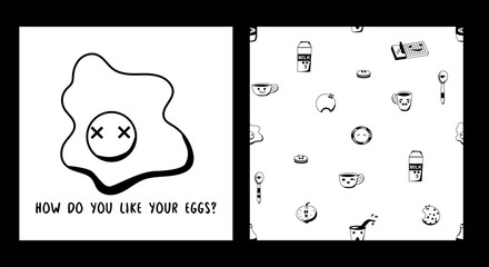 Sunny side up egg card. Yummy food. Text. Cute character. Baby print. Vector seamless pattern. Doodles for kids. Perfect for printing on the fabric, design package and cover