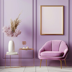 A chic empty frame mockup against a trendy lavender pink wall, adding a touch of elegance and femininity to the room, creating a soft and inviting ambiance.