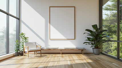 A minimalist frame mockup hanging on a wall with large windows, allowing natural sunlight to flood...