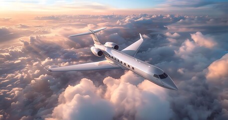 Private Airplane Jet: White Luxury generic design private jet flying over the earth. Empty blue sky with white clouds background. Business Travel Concept. Horizontal. 3D rendering - obrazy, fototapety, plakaty