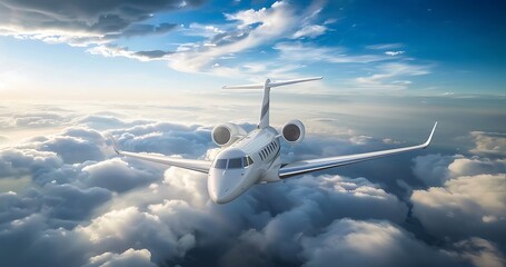 Naklejka na ściany i meble Private Airplane Jet: White Luxury generic design private jet flying over the earth. Empty blue sky with white clouds background. Business Travel Concept. Horizontal. 3D rendering