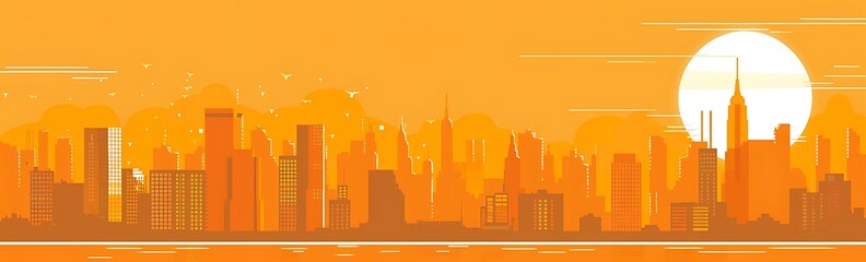 Sunrise city vector flat minimalistic, city skyline at sunrise isolated graphic art illustration