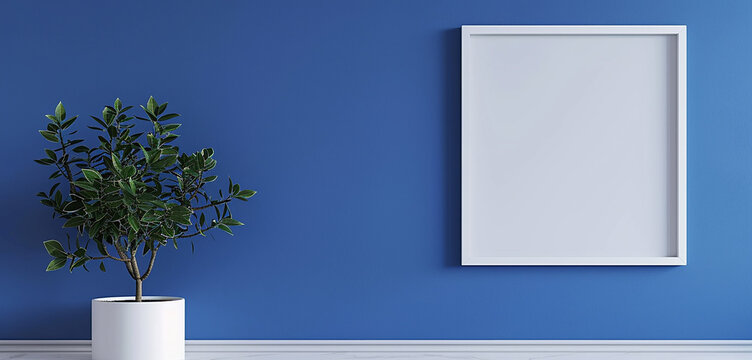 A minimalist white frame mockup on a bold cobalt blue wall, creating a crisp and refreshing contrast that evokes a sense of modern sophistication and artistic purity.