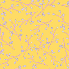 seamless pattern watercolor drawing plant elements branches on a yellow background basis for creativity