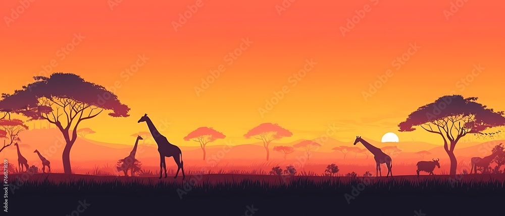 Wall mural wild giraffe reaching with long neck to eat from tall tree and red deer relax. sunset giraffe silhou