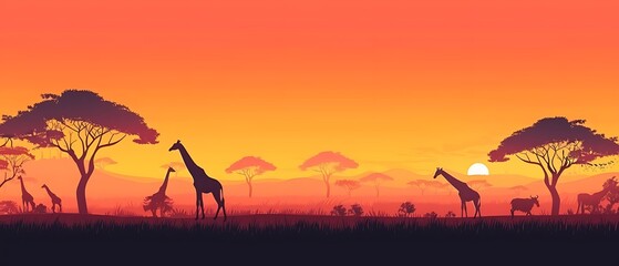 Wild giraffe reaching with long neck to eat from tall tree and red deer relax. sunset giraffe silhouette. African savannah. - obrazy, fototapety, plakaty