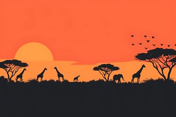 Wild giraffe reaching with long neck to eat from tall tree and red deer relax. sunset giraffe silhouette. African savannah.