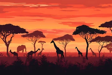  Wild giraffe reaching with long neck to eat from tall trees and red deer relax. Beautiful sunset and giraffe silhouette. African savannah, Wildlife animals, nature environment. © Copper