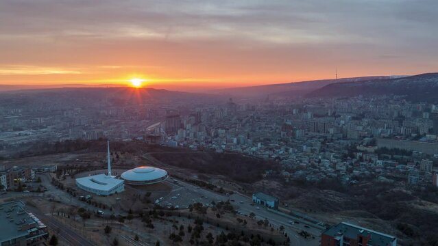Morning cityscape of Tbilisi city. Aerial hyperlapse