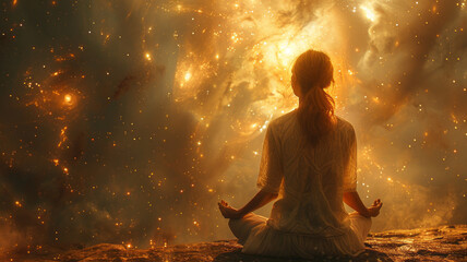Radiant woman meditates amid cosmic splendor.generative ai