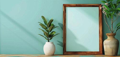 A vintage wooden frame mockup against a fresh mint green backdrop, evoking a sense of tranquility...