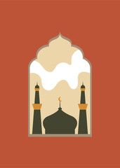 Islamic windows. decorative arabic frames and mosque background outdoor views, Ramadan Kareem. Eid Mubarak. Vector illustration of Islamic Muslim city, street, mosque, crescent, window.