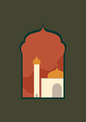 Islamic windows. decorative arabic frames and mosque background outdoor views, Ramadan Kareem. Eid Mubarak. Vector illustration of Islamic Muslim city, street, mosque, crescent, window.