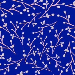 seamless pattern watercolor drawing plant elements branches on a blue background basis for creativity