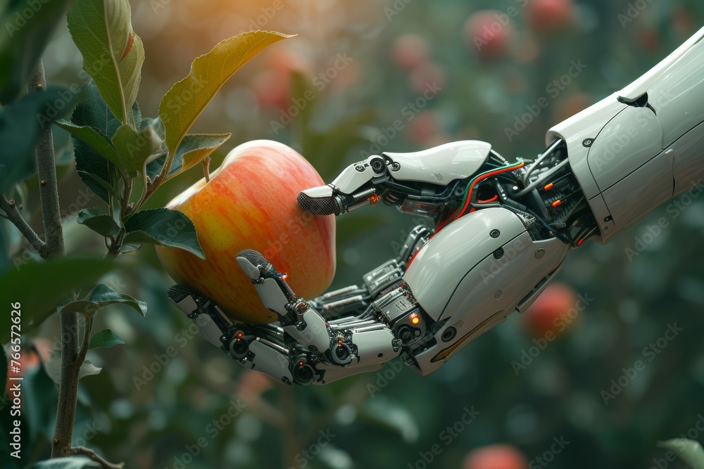 Aufkleber a robot hand works on a modern farm. background with selective focus and copy space