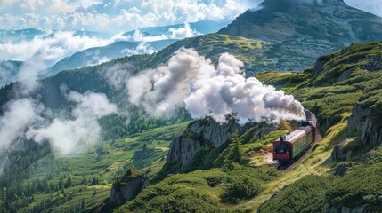 A steam train is slowly ascending a mountain landscape using a cog railway. - obrazy, fototapety, plakaty