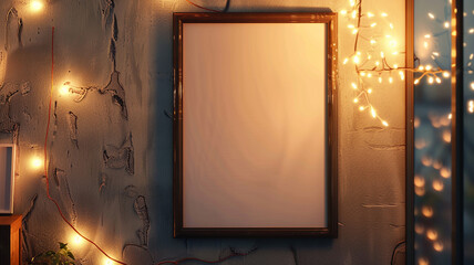 An empty frame mockup suspended on a wall adorned with strings of fairy lights, casting a warm glow...