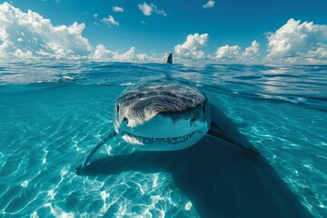 A shark is swimming in the ocean with its mouth wide open