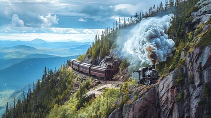 A steam train is slowly ascending a mountain landscape using a cog railway. - obrazy, fototapety, plakaty