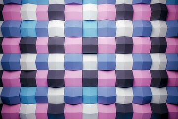 Abstract multicolored wall made from cubes in a seamless pattern of blue, pink, purple, grey and white colors