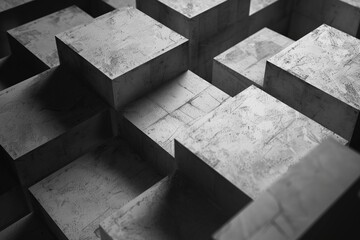 Monochrome abstract background with concrete cubes and blocks, high angle view