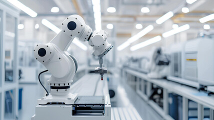 robot arm in white modern factory, white room - obrazy, fototapety, plakaty