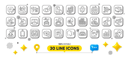 Qr code, Fish school and Water analysis line icons pack. 3d design elements. Fishing place, Graph chart, Secret package web icon. Target, Face id, Analysis graph pictogram. Vector