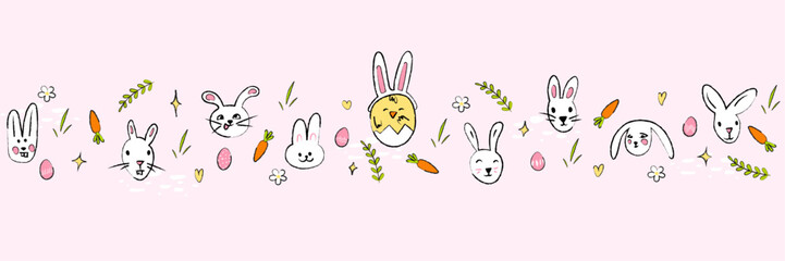 Easter border with Easter bunny, chick with bunny ears hat and Easter eggs. Easter banner seamless pattern - obrazy, fototapety, plakaty