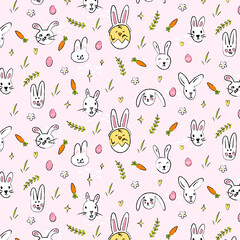 Easter seamless pattern with Easter bunny or rabbit, Easter eggs and chick. Easter background wallpaper - 766573053