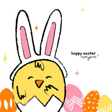 Happy Easter greeting card with a cute hand drawn chick wearing a rabbit ears hat.