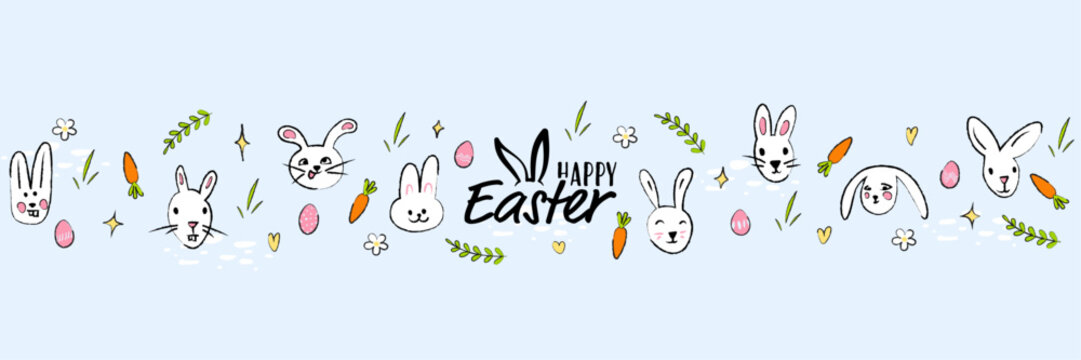 Easter banner with Easter bunny, Easter eggs and hand drawn decorations on blue background.