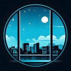 This stylized illustration depicts a vibrant city skyline at night, enclosed within a circular frame. The deep blue sky is adorned with twinkling stars and a luminous full moon, soft glow