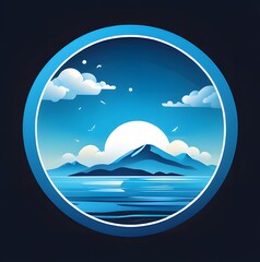 Circular illustration a breathtaking mountainous landscape. Towering peaks rise majestically against a blue sky adorned with wispy clouds. The foreground depicts a serene lake