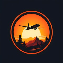 Sunset Aviation Scene. An illustration, framed within a circular border, showcases a silhouetted airplane soaring through a vibrant orange and yellow sunset sky against the sun