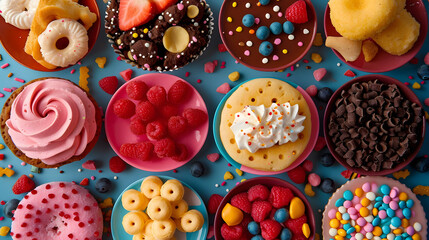 assorted donuts with chocolate frosted, pink glazed and sprinkles donuts - obrazy, fototapety, plakaty