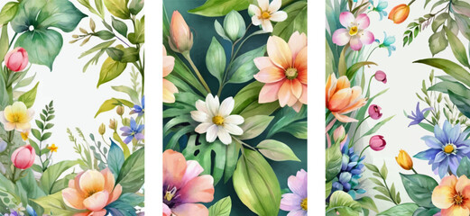 Set of three floral watercolor background templates with flowers. - obrazy, fototapety, plakaty