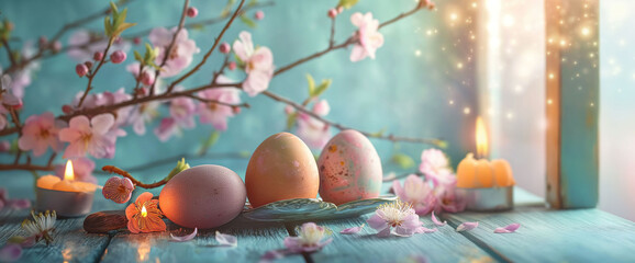 Easter celebration, background, flowers and eggs, March Equinox