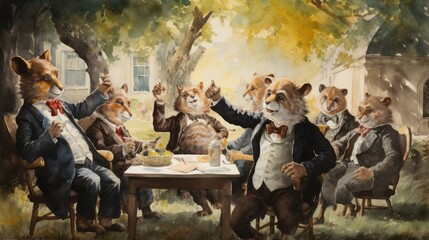 A group of anthropomorphic animals are sitting around a table, with one of them holding a cup. The scene is set in a park, with trees in the background - obrazy, fototapety, plakaty